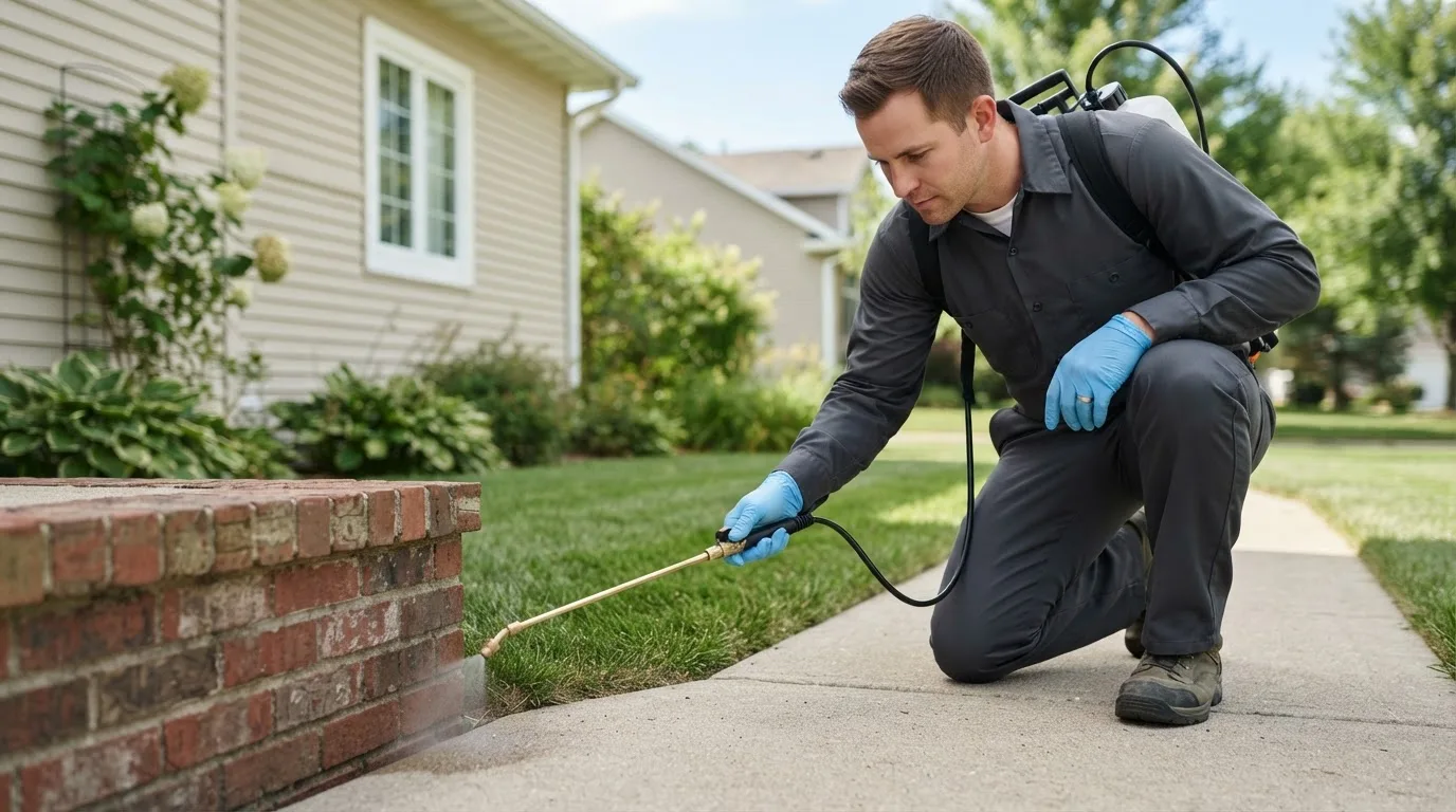 Pest control technician treating a home near South Burlington, VT